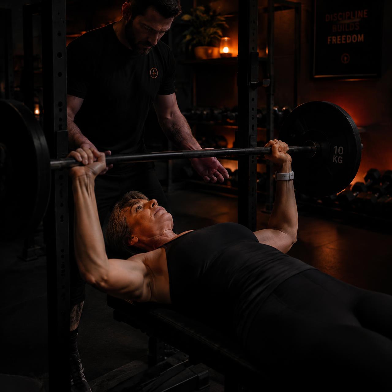 Mujer haciendo press banca con entrenador